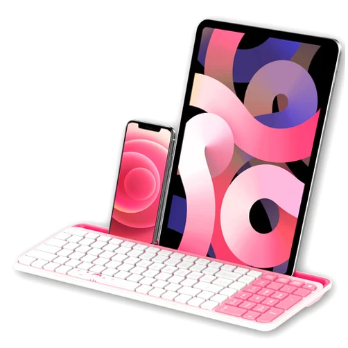 BreSii Bluetooth Keyboard,3 Mode Bluetooth Keyboard for Ipad Wireless Keyboard with Phone Holder,Tablet Keyboard Bluetooth USB Keyboard for Smatphone,Tablets,PC, Computer, Laptop, Mac Notebook(White Pink)