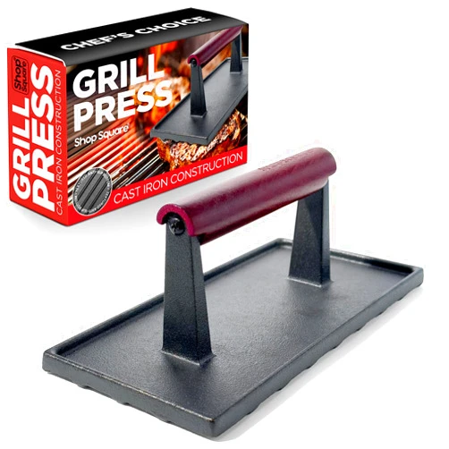 Shop Square Cast Iron Grill Press – 8 x 4 Inch, 2.6 lb Griddle Press with Cool-Touch Wood Handle - Pre-seasoned Meat Press for Steak, Burgers, Sandwiches, and Paninis – Non-Stick Grill Weight