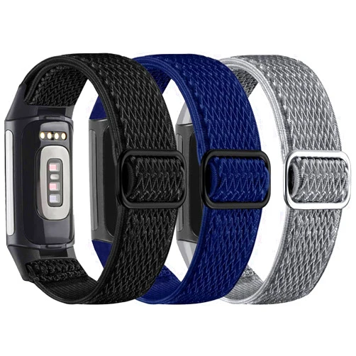 VOMA 3-Pack Elastic Nylon & Slim Silicone Bands Compatible with Fitbit Charge 6/ Charge 5, Adjustable Breathable Replacement Stretchy Nylon Loop & Lace Silicone Wristband Sport Strap for Women Men