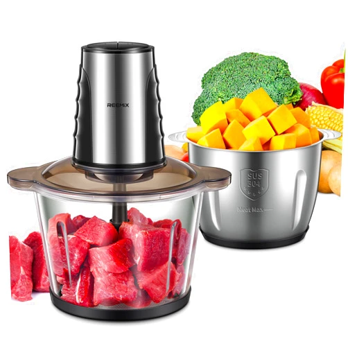 Reemix Food Processors with 2 Large Bowls(12 Cup+12 Cup), Reemix Electric Chopper with Powerful 500W Copper Motor, 4 Bi-Level Blades for Fruits, Meat, Vegetables, Baby Food, Nuts, 2 Speeds