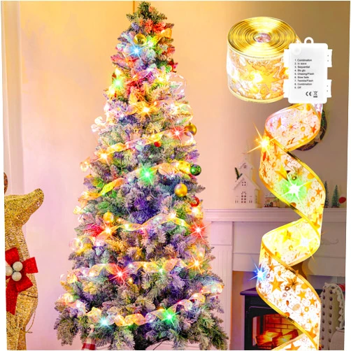 Minetom Christmas Tree Ribbon String Lights - 33ft 100 LED Battery Powered Fairy Lights with Timer and 8 Lighting Mode, Ribbon Bows Lights for 6ft - 8ft Christmas Tree New Year Decor, Gold Ribbon, Multi-color