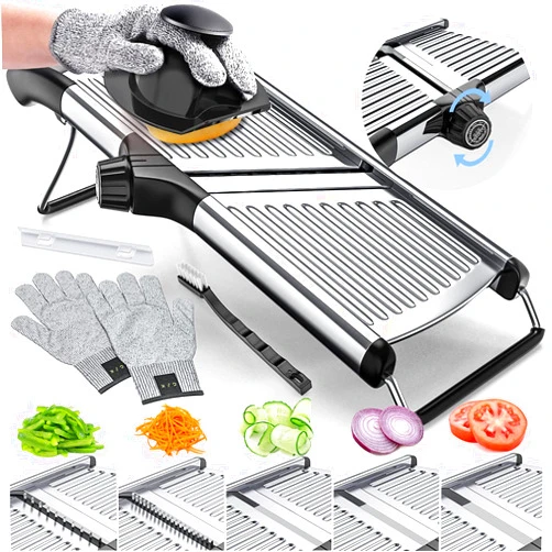 Gramercy Kitchen Company Gramercy Adjustable Mandoline Food Slicer, Mandoline Slicer for Kitchen, Mandolin, Potato Slicer, Tomato Slicer, Carrot Slicer, Onion Slicer - Stainless Steel - INCLUDING One Pair Cut-Resistant Gloves