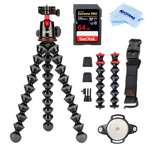 Joby GorillaPod 5K Kit + Rig Upgrade, Professional Tripod Stand with Ball Head for DSLR or Mirrorless Cameras with Lens (up to 11lbs/5kg) Black/Charcoal Bundle with 64GB SD Card, Cloth