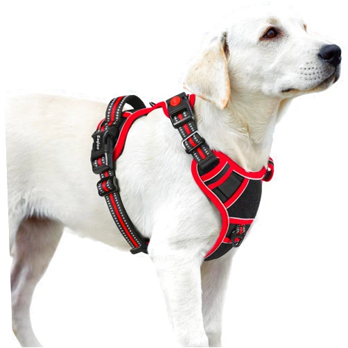 Eagloo Dog Harness for Large Dogs, Easy Wearing with 3 Buckles, Adjustable No Pull Pet Harness with 2 Rings for Walking, No Chock Reflective Soft Padded Vest with Control Handle, Black & Red, L