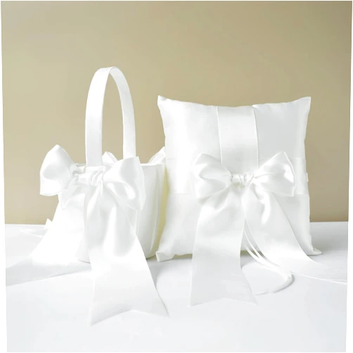 ATAILOVE Flower Girl Basket and Ring Bearer Pillow Set Cute Cherish Wedding Flower Baskets and Pillow(Ivory)