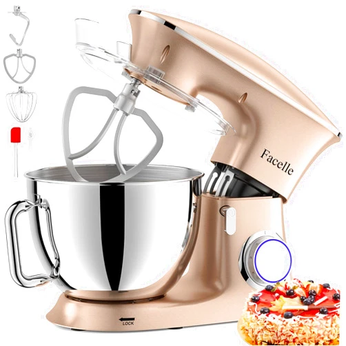 Facelle Stand Mixer, 8.5 Quart Mixers Kitchen Electric Facelle,Cake Mixer for Baking 660W 6-Speed Tilt-Head Food Mixer with Beater, Dough Hook and Wire Whip, Champagne