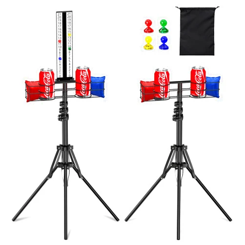 Lokuc 2 Sets Cornhole Scoreboard with Drink Holder, Height Adjustable Foldable Cornhole Score Keeper with Storage Rack includes 4 Magnets, 1 Storage Bag, Suitable for Outdoor Yard Games