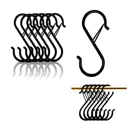 Coieaa S Hooks for Hanging, Heavy Duty with Safety Buckle Design, S Shaped Utility Hooks for Kitchen Utensil, Pans, Closet Rod, Bags, Purse, Plants, Hooks for Hanging Pots (6, Black)