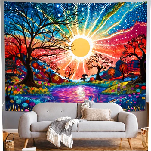 Serborlur Tree of Life Tapestry Trippy Sun Forest Tapestries Colorful Starry Sky Tapestries Hippie Nature Landscape Wall Tapestry Aesthetic Vintage Wall Hanging for Living Room Bedroom (59.1
