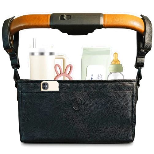 Ohana Essentials Vegan Leather Stroller Caddy with Cup Holder - Universal Stroller Organizer with Cup Holder, 4 Built-In Pockets, Shoulder Strap, Stroller Cup Holder fits Mockingbird, UppaBaby, Nuna, BOB, and More