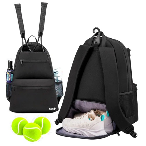 Sucipi Tennis Bag Professional Tennis Backpack for Men and Women Racket Bags Holds 2 Rackets with Ventilated Shoe Compartment Black with Shoes Compartment