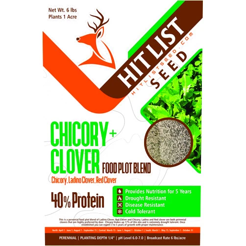 Hit List Seed Chicory + Clover Perennial Deer Food Plot Blend, 6 lbs (1 Acre) - Chicory, Ladino Clover, Red Clover, Whitetail, Blacktail, Deer, for Hunting Plot, Pure, Natural, High in Protein