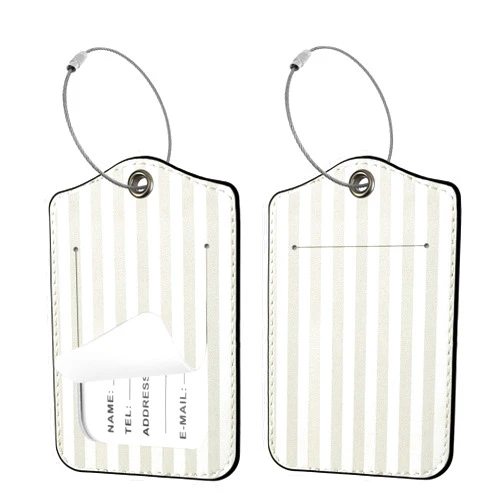 Seorsok 2Pcs Luggage Travel Tags for Suitcases,Cute Striped PU Leather Name Tag with Privacy Cover&ID Label Address Card and Durable Metal Ring Suitable for Men Women Handbags Backpack,Beige