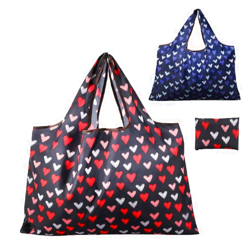 GOPHRALOVE Reusable Grocery Bag, Gophra 2 Packs Large Washable Foldable Eco Friendly Nylon Heavy Duty Fits in Pocket Shopping Tote Bag (Heart)