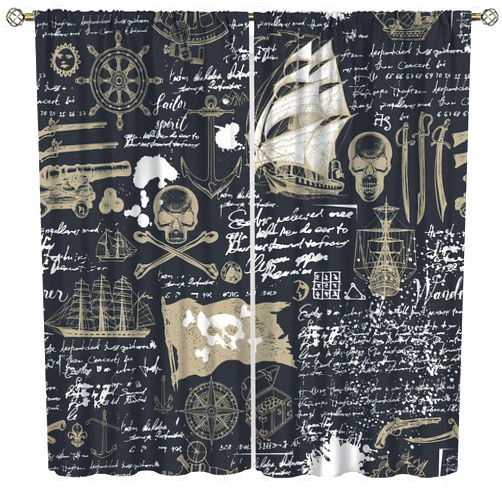 AuiMzoo Nautical Sailboat Curtains, Sketch Pirate Ship Anchor Ship Wheel Compass Ocean Theme Decorative Curtains, Blackout Curtains for Bedroom Living Room,42X45 Inch