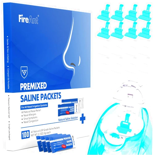 FireAnt 16 Pack Silicone Saline Pods Refills and 100 Count Salt Packets Set, Compatible with Navage Nasal Care, Includes 100 Saline Packets Sinus Rinse + 16 Reusable Salt Pads in White & Blue