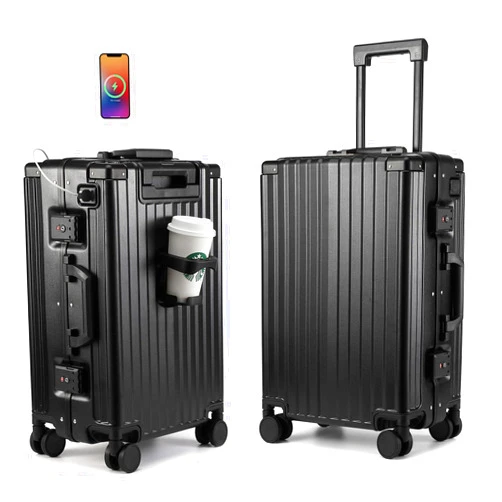 MYER Hard Shell Carry On Luggage 22x14x9 Airline Approved,20 Inch Aluminum Luggage with 100% 3-Layer PC,Carry On Suitcases with Wheels,Cup Holder and USB Port (Classic Black, 20 inch)