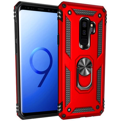 Dishibei Military Grade Drop Impact for Samsung Galaxy S9 Plus Case 360 Metal Rotating Ring Kickstand Holder Magnetic Car Mount Armor Heavy Duty Cover for Galaxy S9+ Phone Protection Case (Red)