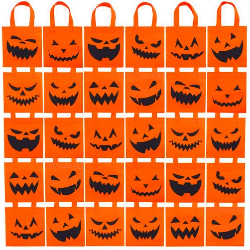 Elcoho 30 Packs Halloween Non-woven Bags Pumpkin Bags Trick or Treat Bags Party Goody Tote Gift Bag with Handles Party Favors, 8 by 8 Inches, 10 Styles