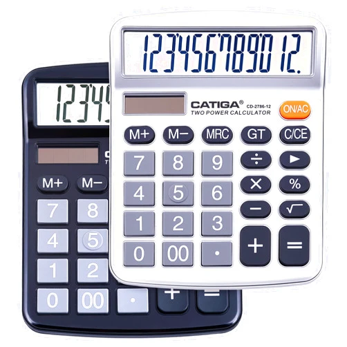 CATIGA Desktop Calculator (2 Pack) 12 Digit with Large LCD Display and Sensitive Button, Solar and Battery Dual Power, Standard Function for Office, Home, School, CD-2786 (Black/Silver)