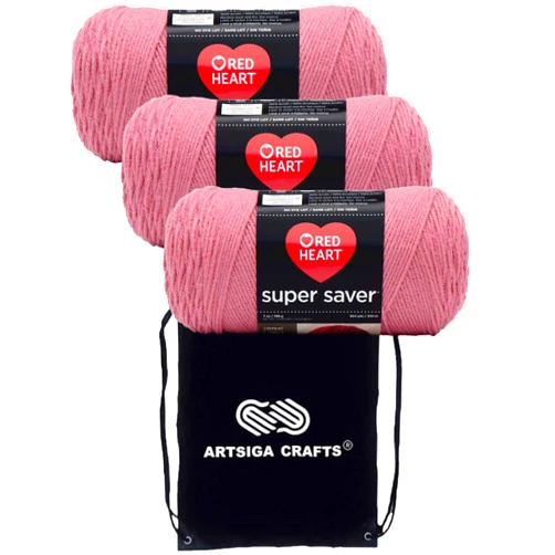 Red Heart Super Saver Light Raspberry E300-774 (3-Skeins - Same Dye Lot) Worsted Medium #4 Acrylic Yarn for Crocheting and Knitting - Bundle with 1 Artsiga Crafts Project Bag