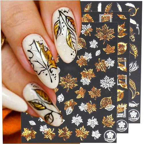 Jaliya Autumn Leaves Nail Decals,Bronzing Fall Nail Stickers White Laser Gold Maple Leaf Nail Art Stickers,3D Self-Adhesive Stickers for Nails Decorations Accessories Women DIY Nail Supplies,9 Sheets/Set