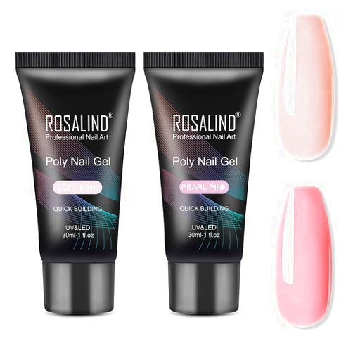 ROSALIND Soft Pink&Pearl Pink Extension Gel, ROSALIND 2 PCS 30ml Pearl Pink Poly Nail Gel kit Soft Pink Nail Builder for Nail Art, Nail Thickening Poly Nail Gel Tube Need UV Lamp