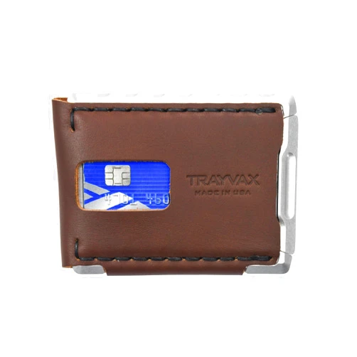 Trayvax Venture Billfold Wallet, Front Pocket Money and Credit Card Holder, Minimalist Slim Leather Metal Wallet for Men and Women, Riveter Brown