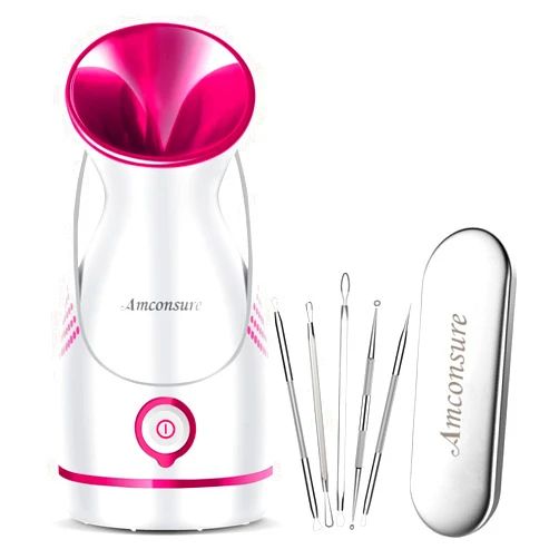 Amconsure Facial Steamer - Nano Ionic Face Steamer Warm Mist Steamer for Face Home Sauna SPA, Face Humidifier Steamer for Facial Deep Cleaning Unclogs Pores Sinuses - 5 Piece Stainless Steel Skin Kit