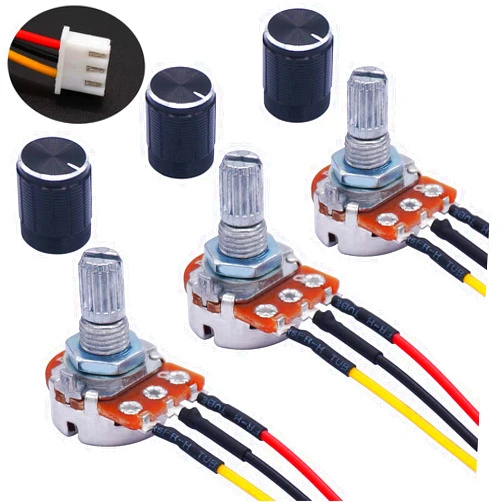 TWTADE 3PCS 1K Ohm Linear Taper Rotary Potentiometer WH148 B1K 3 Pin with XH2.54-3P Connector Wire Cable + Black Knob Cover Cap 148-1kBK