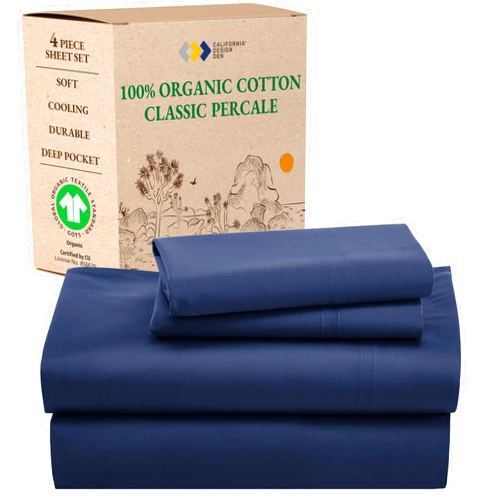 California Design Den 4 Pc 100% Organic Cotton Queen Size Sheet Set, Deep Pockets Percale Sheets Queen, GOTS Certified Luxury Cotton Sheets for Queen Size Bed, Soft Cooling Sheets, Navy Blue Sheets