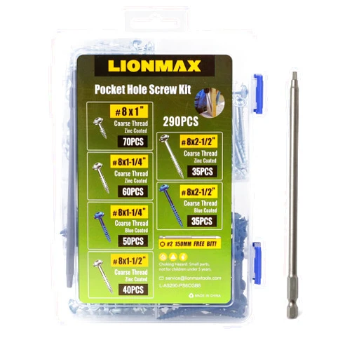 LIONMAX Pocket Hole Screws Assortment Kit 290PCS, 6 Size Pocket Hole Screws Kit, Coarse Thread, Washer Head, Self Tapping for Soft Wood, 150MM Square Drive Bit Included