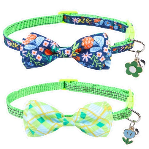 DILLYBUD Cat Collar Breakaway, Reflective Bowtie Cat Collar with Bell for Boy Girl Cats, 2 Pack Adjustable Kitten Collar with Removable Green Bow, Cute Girl Cat Collar Personalized Puppy Pet Collar