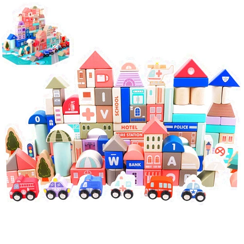 SHEASON 115 PCS City Building Blocks for Toddlers Wooden Toys DIY Construction Toys Play Mat Puzzle 3 Years
