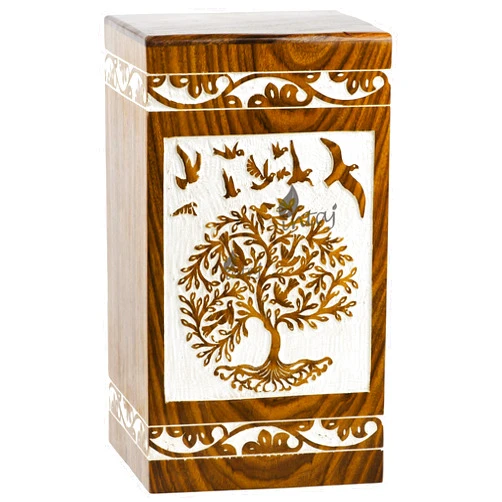 INTAJ Handmade Rosewood Urn for Human Ashes | Tree of Life Wooden Urns Hand-Crafted - Funeral Cremation Urn for Ashes (Antique Bird Tree, Medium - 150 Cu/in)