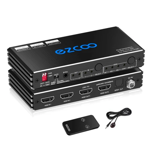ROFAVEZCO HDMI 2.0 Splitter 4K 60Hz ARC eARC for Soundbar HDMI Switch Bi-Direction 1 in 2 Out or 2 Input to 2 Output SPDIF 5.1CH Audio Extractor CEC - HDMI Down Scaler 4K 1080P Sync