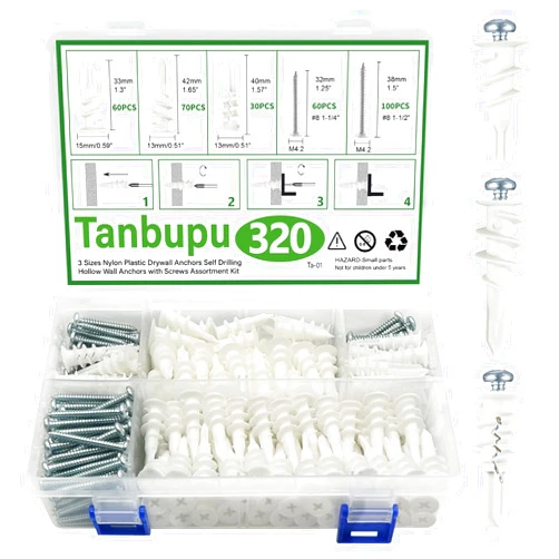 Tanbupu 320PCS Self Drilling Drywall Anchors and Screws Kit 160 Drywall Anchors and 160#8 Screws 3 Sizes Drywall Anchors with 2 Sizes Screws, Nylon Plastic Wall Anchors(with Organizer Box)