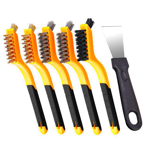Uormsici 6 Pcs Premium Wire Brush Set, Brass/Nylon/Steel Brushes with Curved Handle, Cleaning Spatula, Removes Rust, Scratches, Weld Slag, Paint & Stain
