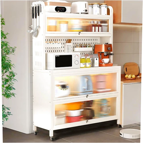 Famlycokli 5 Tier Bakers Racks with Storage for Kitchens , Kitchen Pantry Hutch with Countertop, Kitchen Storage Cabinet Organizers with Adjustable Shelves Freestanding Microwave Stand for Buffet, Sideboard