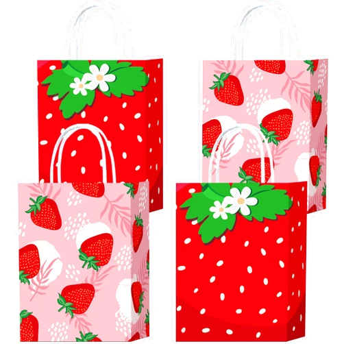 Keioy 24pcs Strawberry Party Bags with Handles Red Pink Paper Goody Bags for Party Birthday Party Supplies Treat Candy Bags Favors Decor Girls Baby Shower Birthday Decoration (Strawberry)