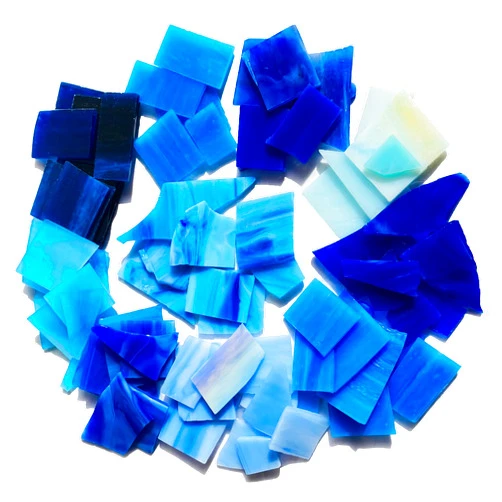 PALJOLLY Mosaic Tiles Stained Glass Sheets for Crafts, Glass Pieces for Mosaics and Stained Glass Art, Mixed Blue Colors and Variety of Shapes, 35oz/1kgs Value Pack
