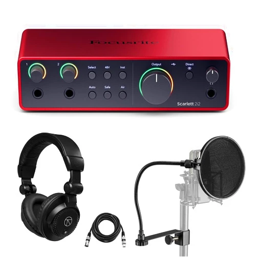 Focusrite Scarlett 2i2 4th Gen USB Interface with Software Suite, Bundle with Closed Baco Studio Headphones and 15' XLR Microphone Cable, Pop Filter with Gooseneck (4 Items)