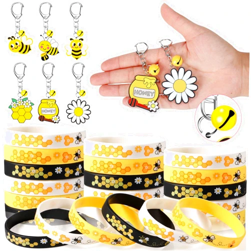 Aoriher 48 Pcs Bee Party Favors for Kids 24 Bee Silicone Bracelets and 24 Bee Theme Bell Acrylic Keychains for Boys Girls Bee Birthday Party Gifts Goodie Bag Fillers Classroom Rewards Supplies