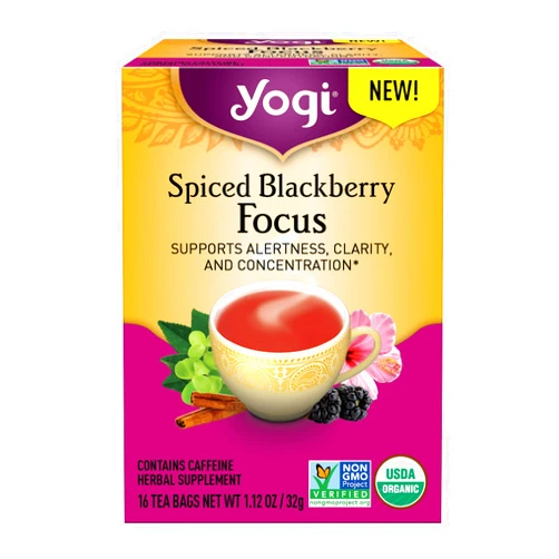 Yogi Tea Spiced Blackberry Focus Tea - 16 Tea Bags per Pack (6 Packs) - Organic Blackberry Tea for Focus with Caffeine - Includes Black Tea Leaf, Hibiscus Flower, Cinnamon Bark & More