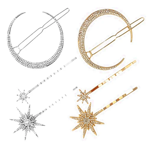 Beaupretty 6 Pieces Stars and Moon Hair Clips, Rhinestone Star Hairpins Stars Moon Hair Clips Metal Alloy Moon Hairpins for Women Girls (Silver,Gold)
