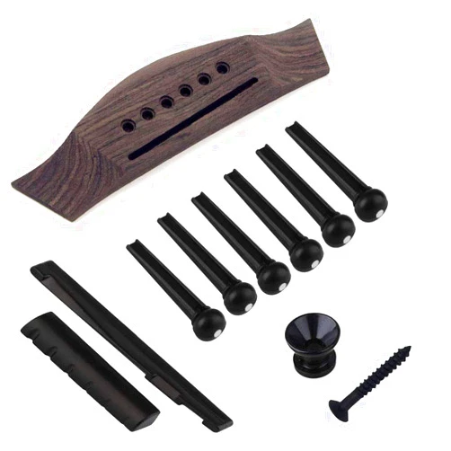 Jiayouy 6 String Acoustic Guitar Rosewood Bridge Saddle Nut Pins Set Including Bridge & Six Bridge Pins & End Pin & Saddle and Nut Replacement Parts - Style A,Black