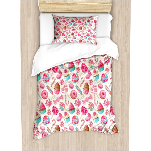 Ambesonne Candy Cane Duvet Cover Set, Yummy Lollipop Candy Macaroon Cupcake and Donut on Polka Dots Pattern, Decorative 2 Piece Bedding Set with 1 Pillow Sham, Twin Size, Pink Cream