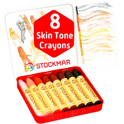 Stockmar Beewax Crayons Set of 8 Jumbo Sticks, Colors of the World - Skin Tone Crayons, Waldorf Art Supplies, in tin case