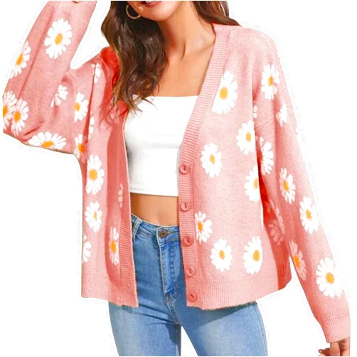 Cyihual Cardigan for Women - Y2K Aesthetic Vintage Knit Crop Tops Teen Girls - Long Sleeve V Neck with Button Sweater Flower Pattern