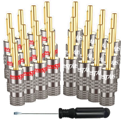InnoStars Banana Plugs for Speaker Wire, (12 Pairs, 24 Pcs), 24K Gold Plated Connectors, Spring Pin Plug Closed Screw Design, Banana Pins (Support 12 AWG to 20 AWG Wires), Come with 1Pcs Screwdriver